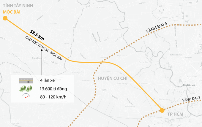 Sơ đồ hướng tuyến cao tốc TP HCM - Mộc Bài. Đồ hoạ: Khánh Hoàng.
