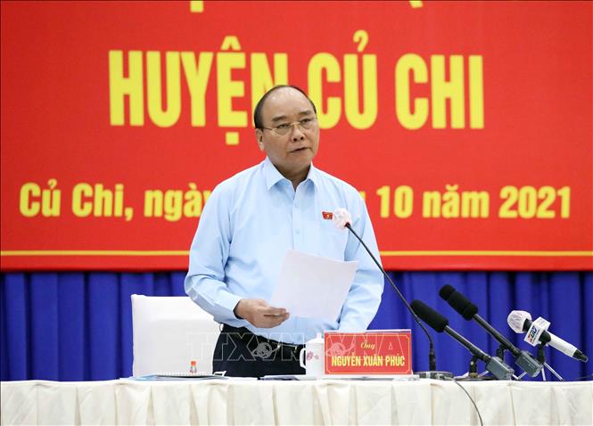 Chủ tịch nước Nguyễn Xuân Phúc phát biểu tại điểm cầu thị trấn Củ Chi.